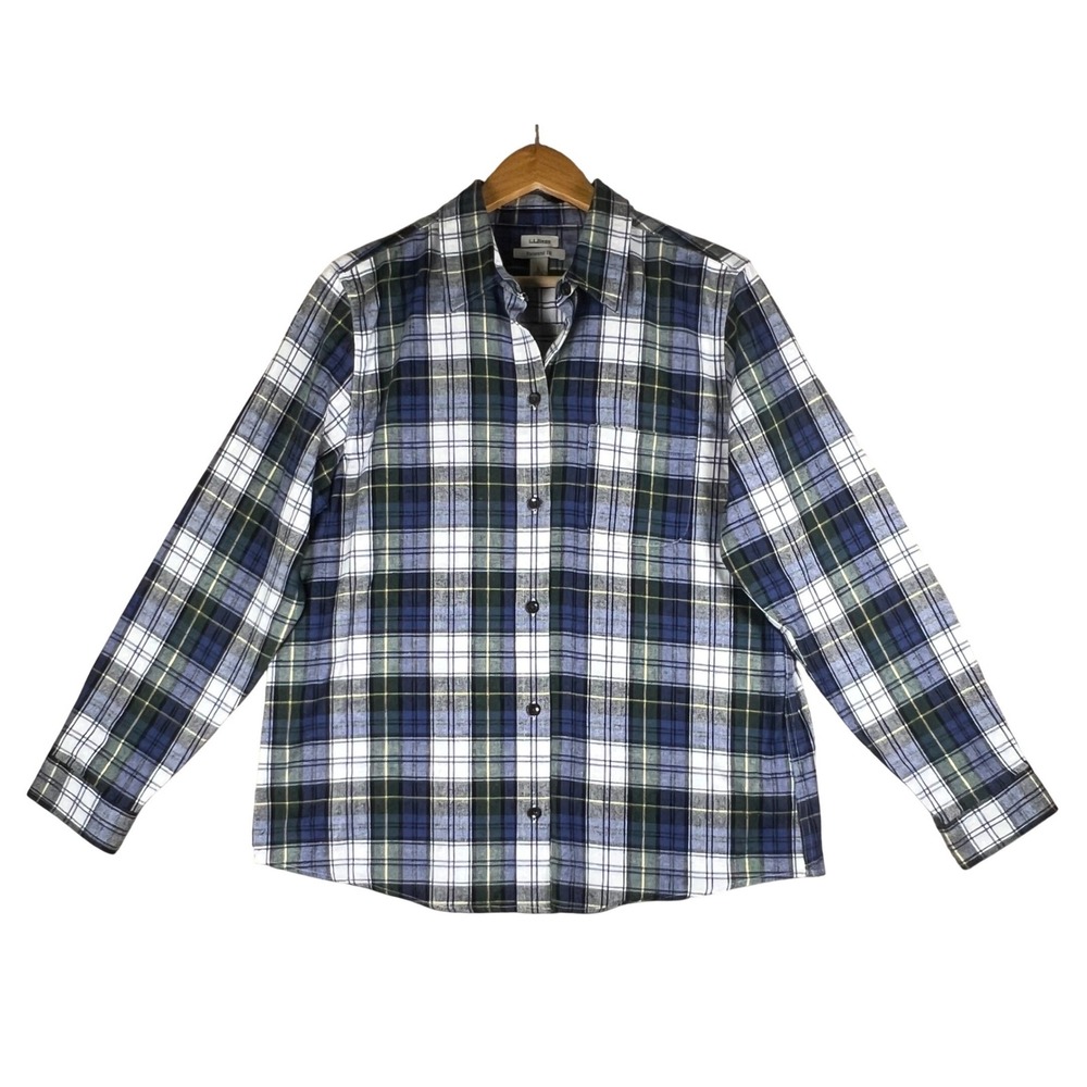 LL Bean Mens Flannel Shirt Relaxed Fit Blue Green Scotch Plaid L‎ Cotton 273137